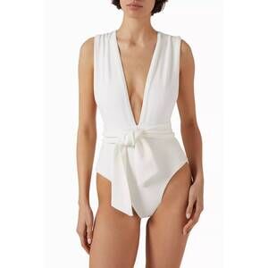 NEW HAIGHT belted crepe v neck one piece swimsuit in white